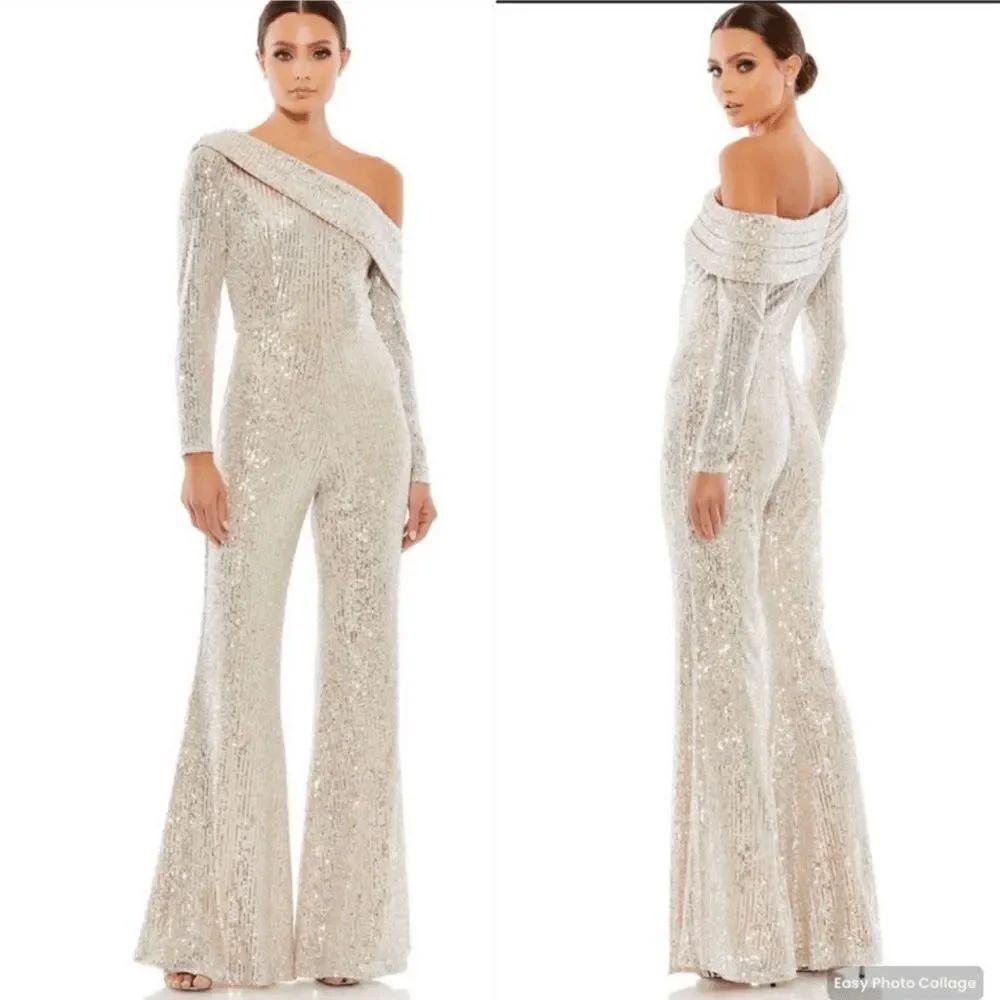 NWT Mac Duggal 26956 sequin  DROP SHOULDER LONG SLEEVE JUMPSUIT Nude Silver 2